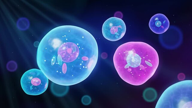Animated biological cells dividing in dark blue background with light rays scientific motion