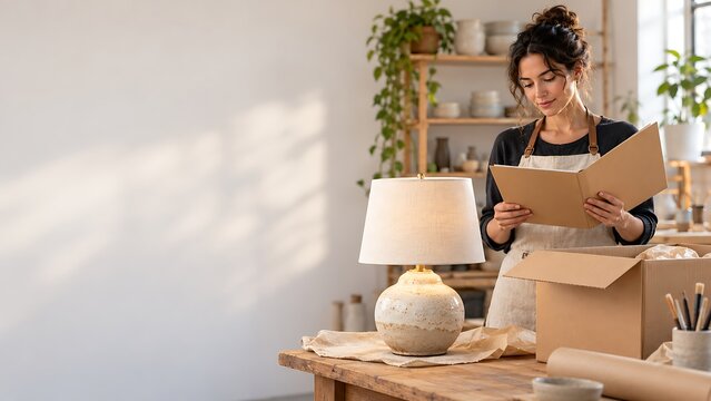 Female artisan in apron reviewing order booklet beside ceramic table lamp in sunny pottery workshop
