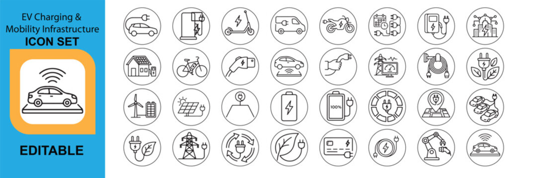 Collection of circular economy and sustainable packaging line icons on a white background circularity