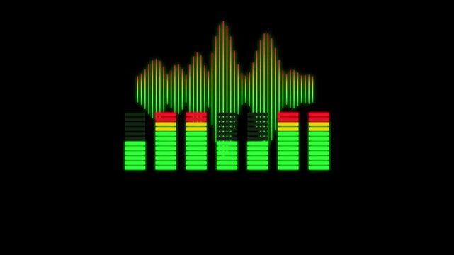 Audio equalizer animation with glowing sound waves and vertical level meters on black background