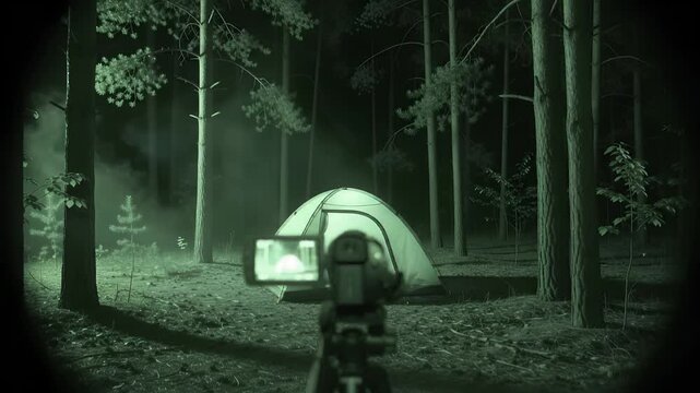 Night Vision Camcorder View of Camping Tent Pitch in Dark Misty Forest with Static Glitch Noise, Found Footage Style Horror Thriller Film Exploration Video Presentation Background Concept Scene Idea