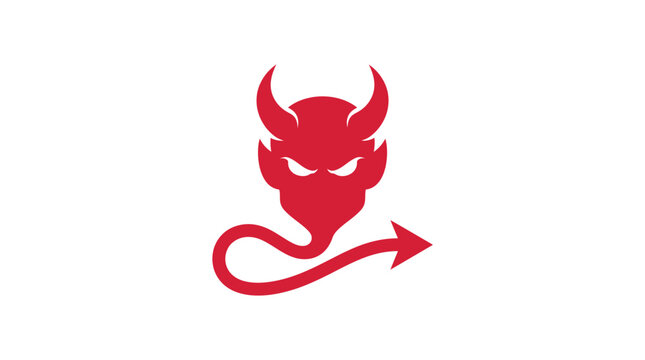 Red devil head vector logo design featuring curved horns and an arrow tail shape