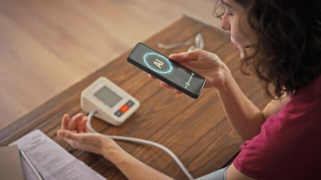 Telemedicine at home - a young woman with a blood pressure cuff on her arm holds a smartphone with an AI voice assistant and reviews health notes on a wooden table in a bright room with white shelves