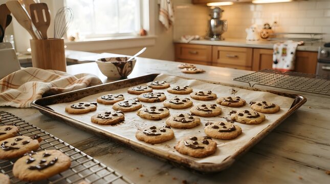 Freshly baked pumpkin shaped chocolate chip cookies arranged on a metal baking sheet in kitchen with decorated chocolate faces