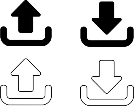Upload and download arrow icon vector set with black silhouette and outline transfer interface symbols, concept of data sharing, storage and digital navigation