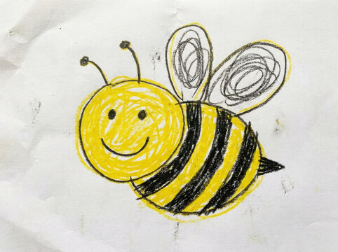 Cheerful drawing of bee with yellow and black stripes, featuring smiling face and detailed wings