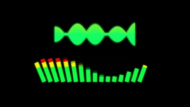 Audio equalizer sound wave glowing neon bars moving rhythmically against a dark black background