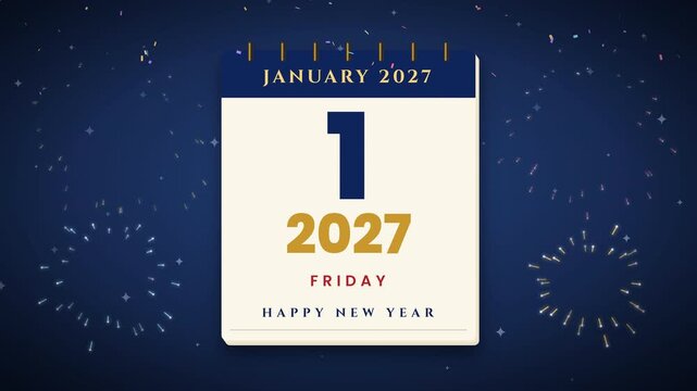 A Calendar Page Showing December 26 to January 1 2027 flying new year concept animation Blue Starry Background For Event Scheduling And Planning