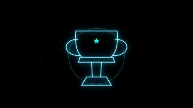 Blue neon trophy cup outline animation glowing on a black background with circles and stars