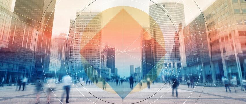 Office workers crossing glass skyscraper plaza with diamond circle and radial line overlay