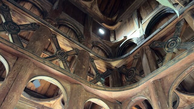 Carved roof framing inside a Norwegian medieval stave church