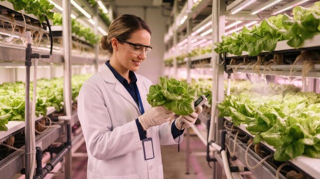 Female agricultural scientist inspecting fresh green leafy vegetables in a modern vertical indoor hydroponic farm facility