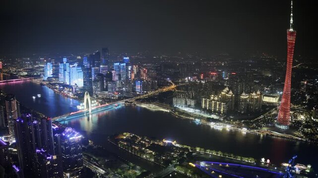 skyscraper skyline of guangzhou, china from a high vantage point at night