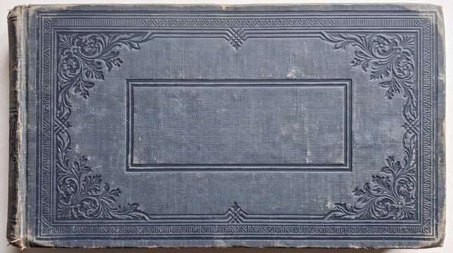 Antique blue book cover with ornate embossed border and central panel for title.