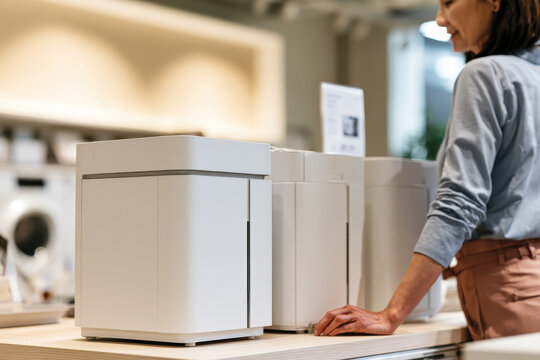 A woman examining sleek, modern white home appliances in a stylish retail setting, showcasing the latest designs in functionality and aesthetics for home improvement.