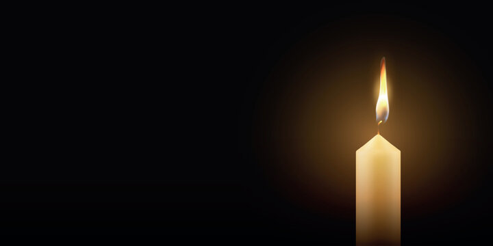Candle with Burning Flame on Black Background, Vector Illustration. 3d Candle for Memorial, Prayer and Vigil. Candle Vector Illustration with Warm Candlelight