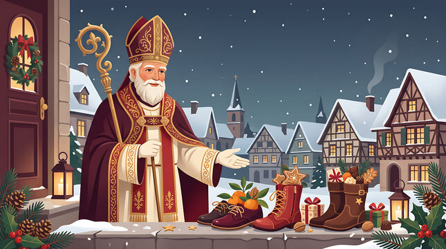 Saint Nicholas Day celebration with gifts and festive decorations