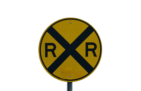 yellow round street sign warning of a railroad crossing Isolated on transparent background 