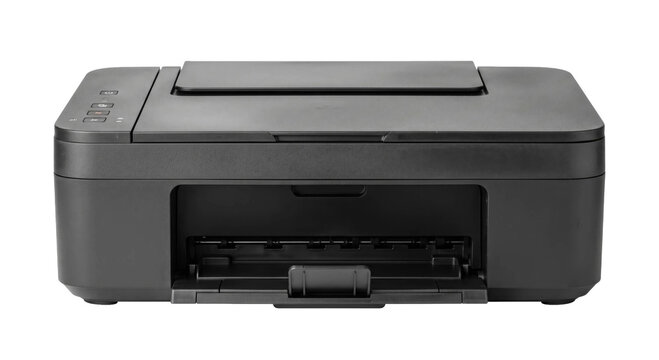 Compact black multifunction printer with scanner lid and open front paper output tray