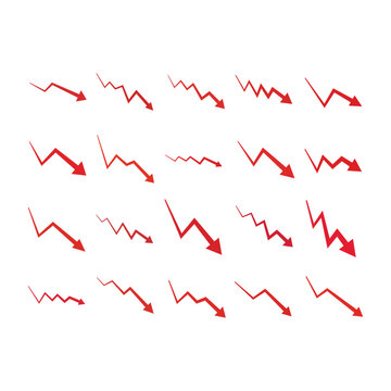 Set of various red jagged arrow icons showing declining economic performance