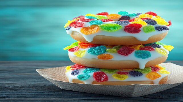 Three glazed frosted donuts stacked on white paper plate with colorful cereal flakes on dark wood and light blue background