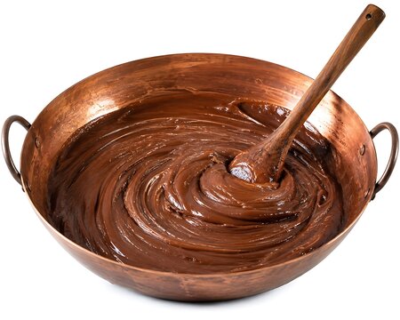 Stirring Traditional Indonesian Dodol in Copper Wok. Thick Swirling Sweet Jenang Paste Isolated on White Background