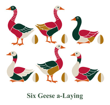 Six Geese a-Laying vector illustration, ornamental bird and egg set, Christmas holiday farm animal art, modern geometric red green design