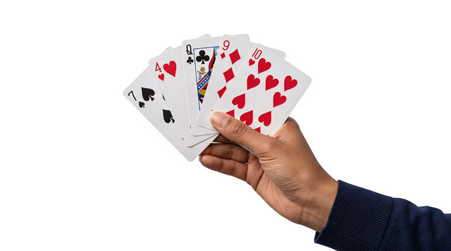 Playing cards fanned out in a raised hand wearing a navy ribbed sleeve shown as a PNG isolated on a transparent background