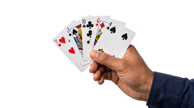 Playing cards fanned out in a firm hand showing a jack and queen with a navy cuffed sleeve as a PNG isolated on a transparent background