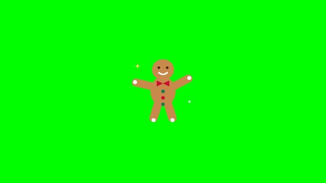 Six gingerbread man characters dancing on a green screen background