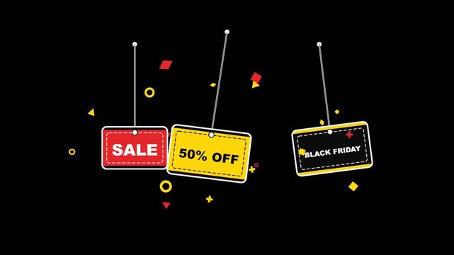 Black Friday hanging sale price tags with 50 percent discount promotion vector illustration alpha channel background