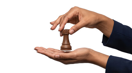 Chess rook carved in walnut wood lowered toward an open palm by two hands in navy blazer sleeves as a PNG isolated on a transparent background © Abdulmalek