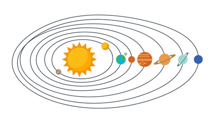Minimalist Vector Illustration of the Solar System Showing the Sun and Planets in Their Elliptical Orbits Including Earth Mars Jupiter and Saturn on a Clean White Background for Science © GUW STUDIO