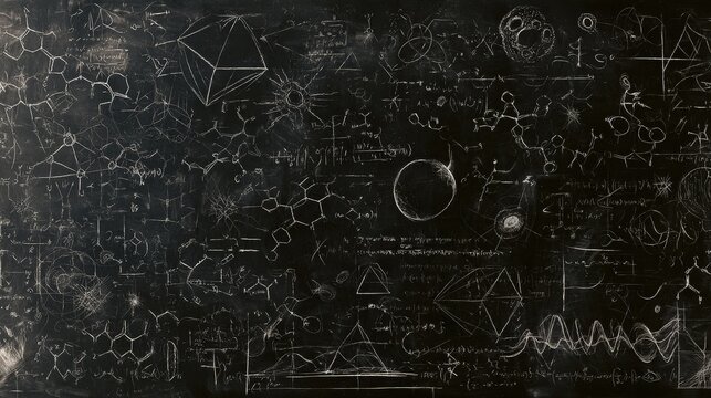 Complex mathematical formulas and scientific diagrams hand-drawn with chalk on a dark blackboard. Ideal for education and physics research background concepts.