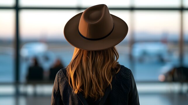 Woman in hat viewing city lights background