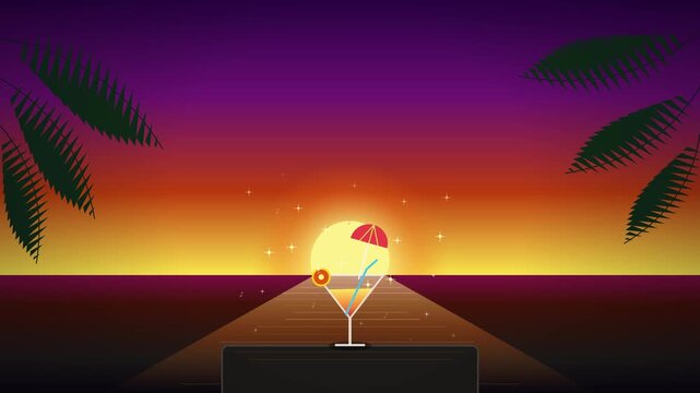 Retro synthwave sunset animation with a cocktail drink on a beach pier at dusk