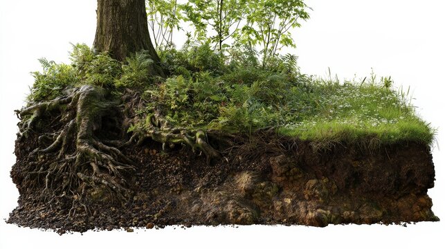 A cross section of earth showing soil layers, tree roots, and green grass isolated on white background. Perfect for ecological education and environmental design projects.