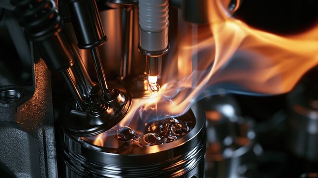 Close-up of internal combustion engine cylinder firing and igniting fuel mixture with intense flame