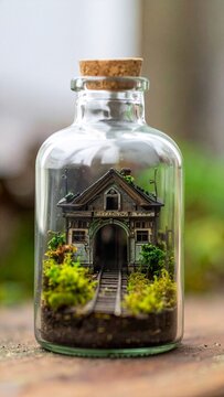 Miniature vintage train station model housed inside a clear glass bottle with moss and forest vegetation scenery.