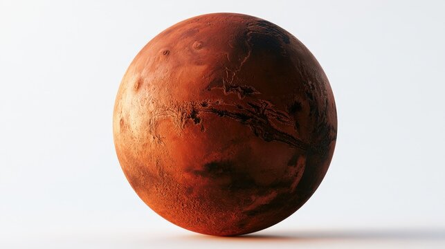 A detailed red planet Mars with craters and surface textures isolated on white background. Perfect for space exploration and astronomy education concepts.