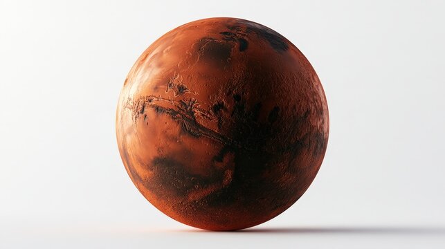 Detailed planet Mars with realistic red surface textures isolated on white background. Space exploration concept for educational banners.