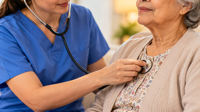 Senior woman receiving heart checkup with stethoscope in medical