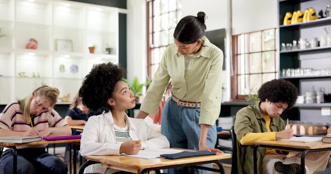 Explaining, assignment and teacher with student, education and lesson advice for teenager in class. High school, knowledge and educator with tips for exam, discussion and people with book or learn