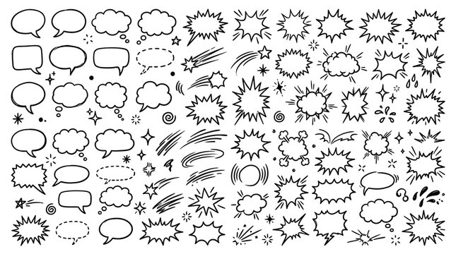 Comic speech bubbles thought clouds lightning bolts and explosion