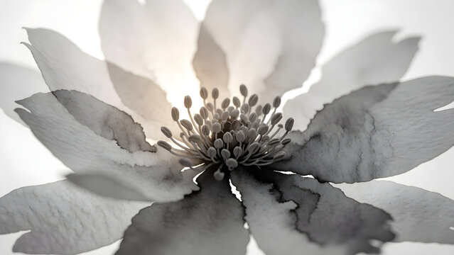 Watercolor bloom on cotton paper in monochrome grayscale tones