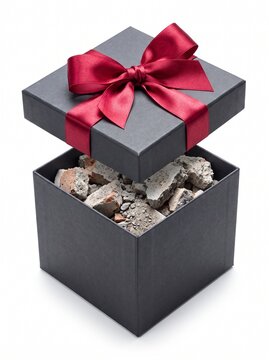 Gift box with red ribbon filled with broken grey rubble, deceptive exterior and superficial disappointment concept on white background