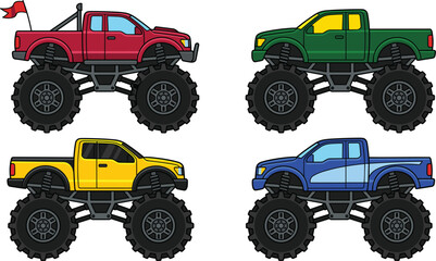 Colorful monster trucks collection with big wheels for extreme motorsport racing offroad show and entertainment © Sanjay