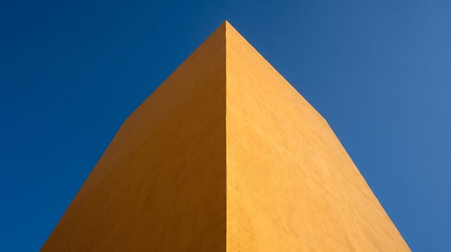 Orange building corner against clear blue sky. Minimalist architecture from upward perspective angle. Bold geometric facade with sharp edge