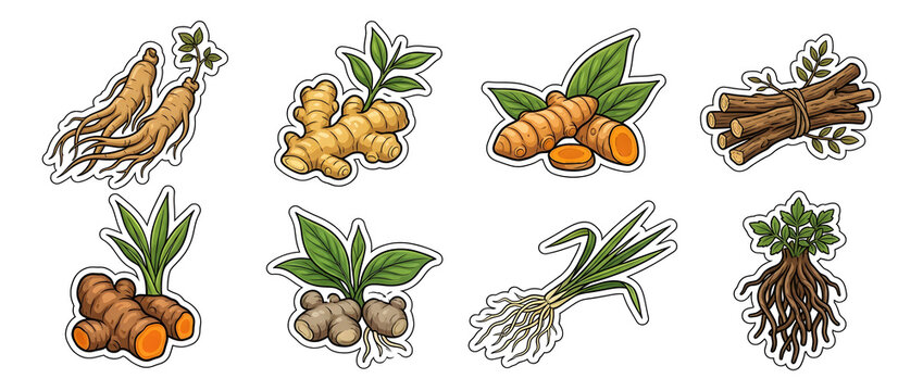 Sticker set of 8 main medicinal herbal roots including ginseng, ginger, turmeric, licorice, java ginger, galangal, cogon grass, and valerian root isolated on transparent.
