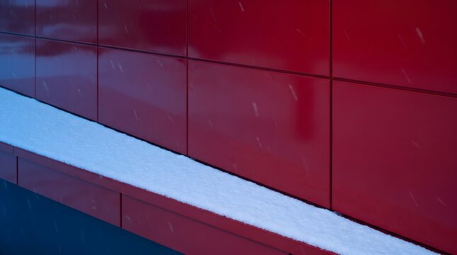 Red metal cladding panels on building facade. White diagonal ledge creates bold contrast. Minimalist geometric architecture with vibrant colorful surface